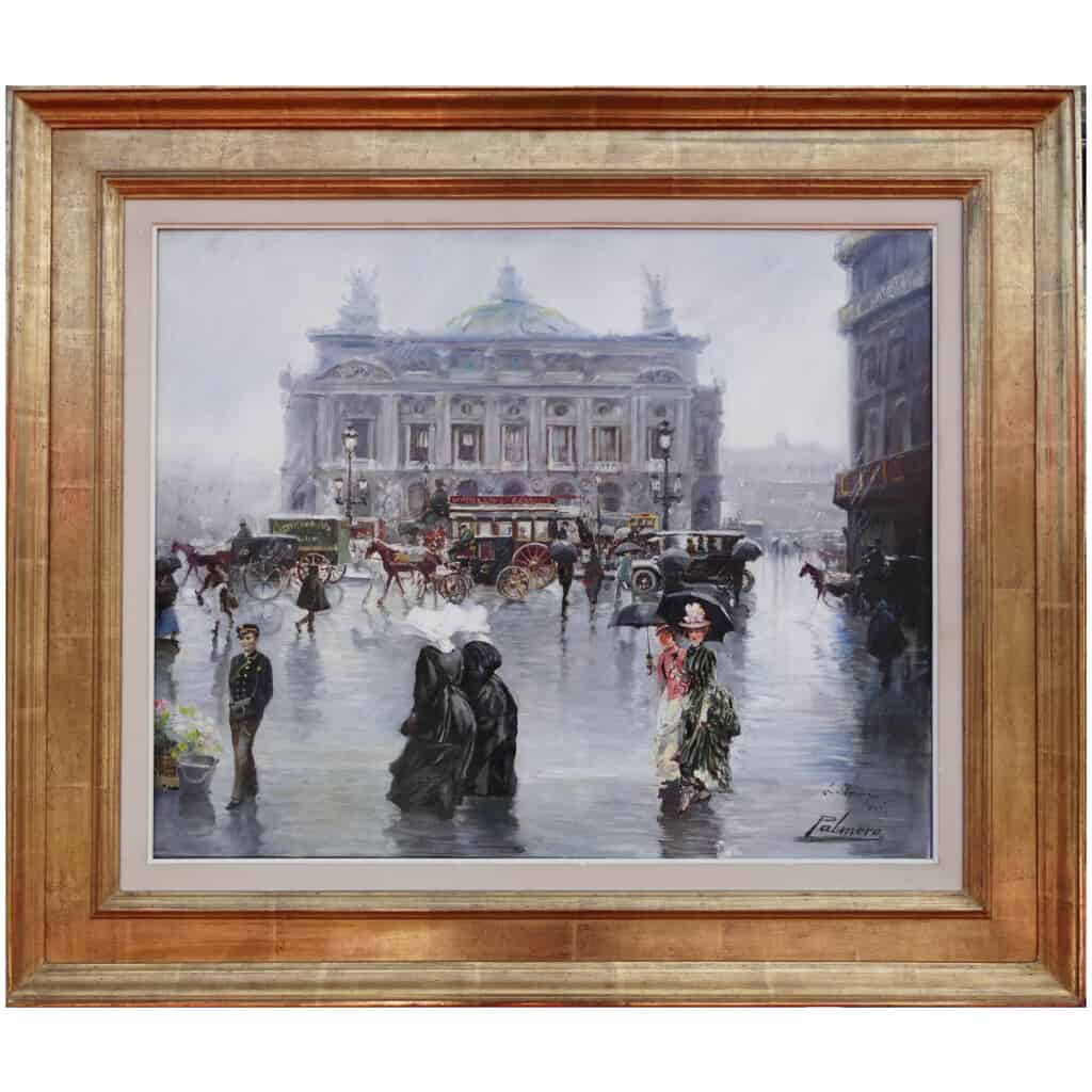 Alfredo PALMERO DE GREGORIO Tableau 20è siècle Paris Place de l’Opéra animée Huile sur toile signée 3