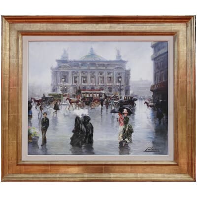 Alfredo PALMERO DE GREGORIO Painting 20th century Paris Place de l'Opéra animated Oil on canvas signed