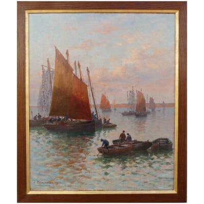 Timmermans Louis French School 19th Marine Barques Sardinières Oil On Canvas Signed dated