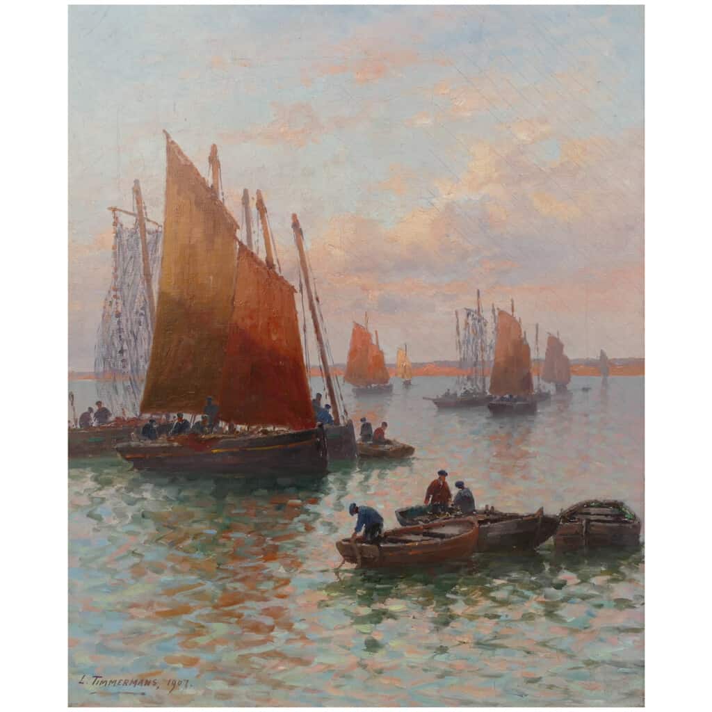 Timmermans Louis Ecole Française 19è Marine Barques Sardinières Huile Sur Toile Signée datée 11