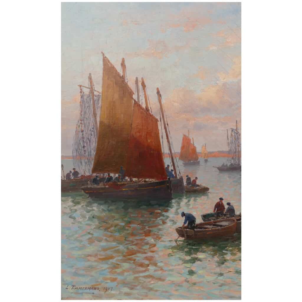 Timmermans Louis Ecole Française 19è Marine Barques Sardinières Huile Sur Toile Signée datée 12