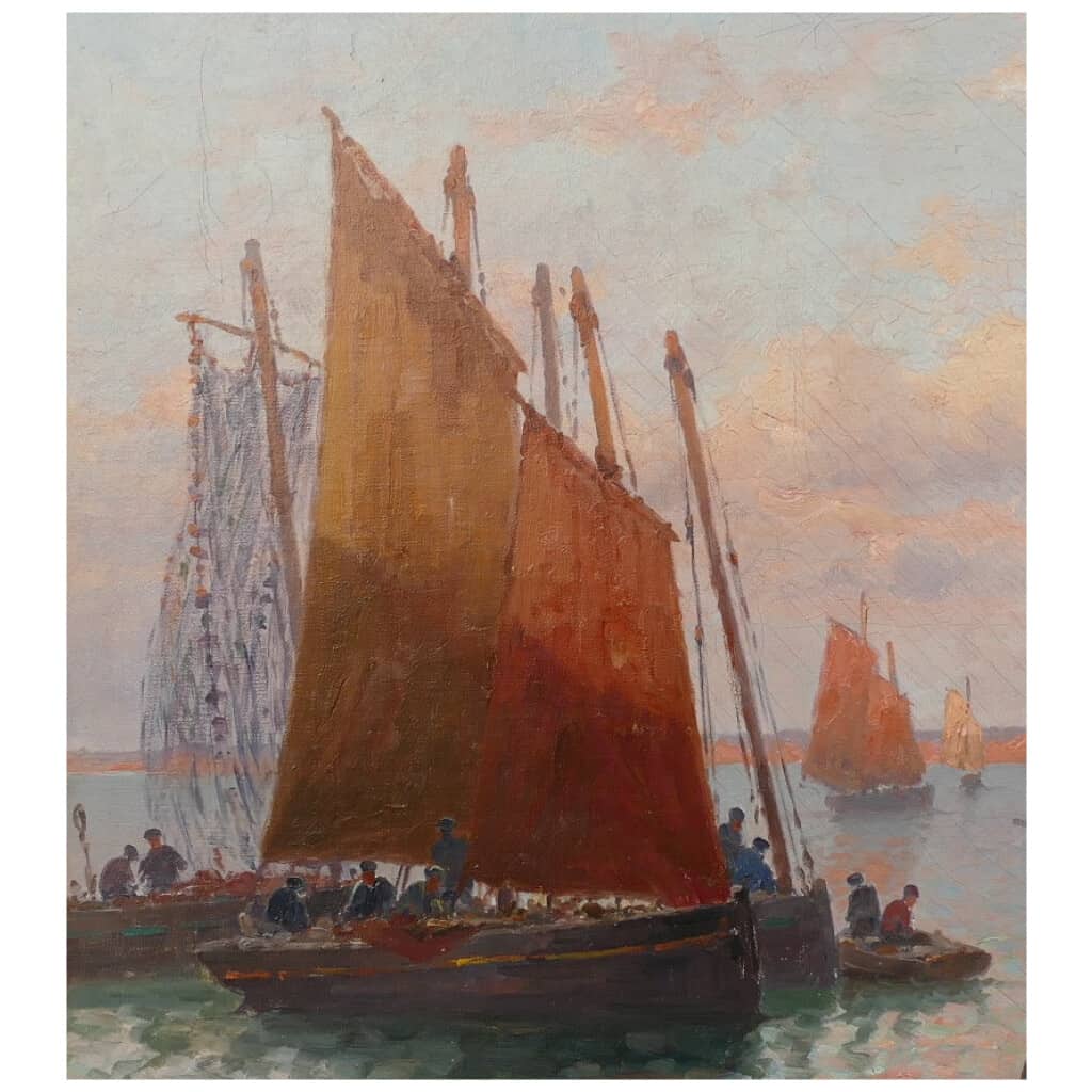 Timmermans Louis Ecole Française 19è Marine Barques Sardinières Huile Sur Toile Signée datée 7