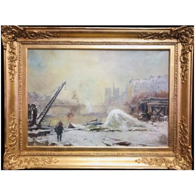 VAUTHIER Pierre Peinture fin XIXè Paris Notre Dame sous la neige Huile sur toile signée