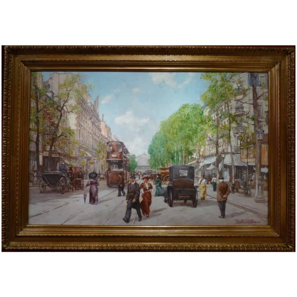 Leon ZEYTLINE Ecole Russe 20è siècle Vue de Paris Tramway, calèches et automobiles sur le Boulevard de Strasbourg Huile sur toile signée 3