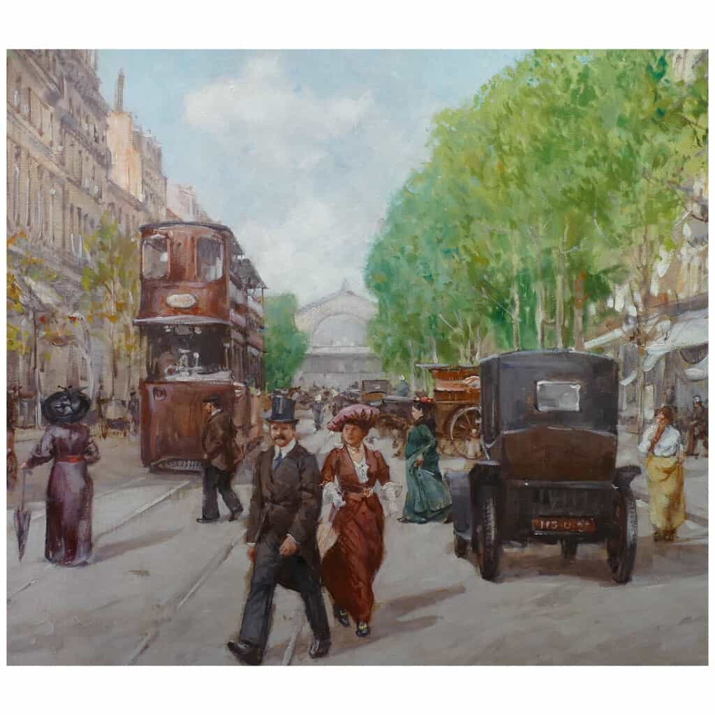 Leon ZEYTLINE Ecole Russe 20è siècle Vue de Paris Tramway, calèches et automobiles sur le Boulevard de Strasbourg Huile sur toile signée 6