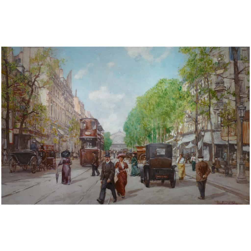 Leon ZEYTLINE Ecole Russe 20è siècle Vue de Paris Tramway, calèches et automobiles sur le Boulevard de Strasbourg Huile sur toile signée 5