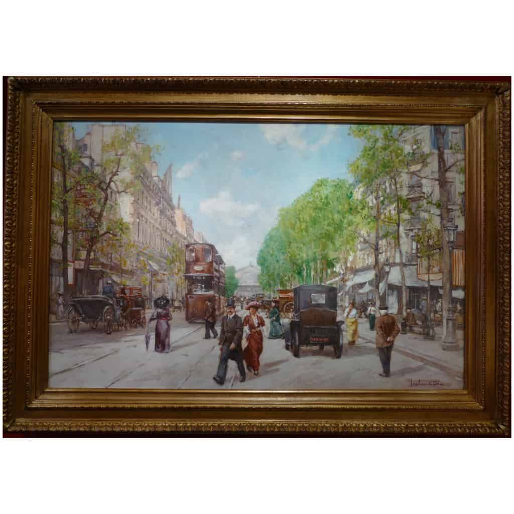 Leon ZEYTLINE Ecole Russe 20è siècle Vue de Paris Tramway, calèches et automobiles sur le Boulevard de Strasbourg Huile sur toile signée 11