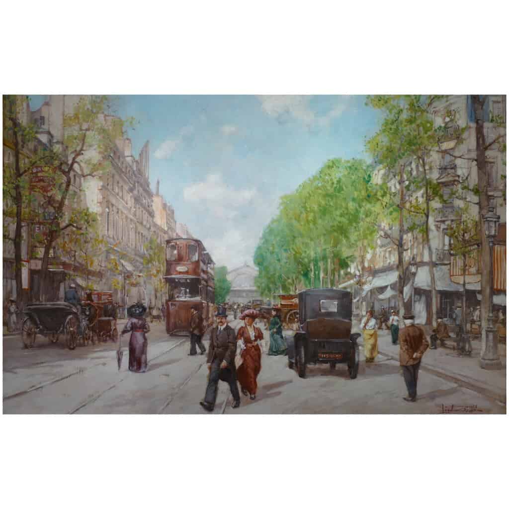 Leon ZEYTLINE Ecole Russe 20è siècle Vue de Paris Tramway, calèches et automobiles sur le Boulevard de Strasbourg Huile sur toile signée 12
