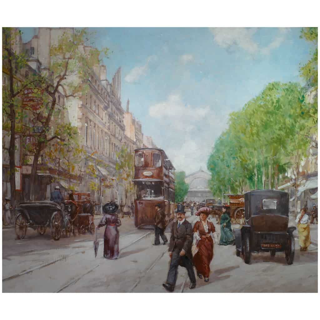 Leon ZEYTLINE Ecole Russe 20è siècle Vue de Paris Tramway, calèches et automobiles sur le Boulevard de Strasbourg Huile sur toile signée 13
