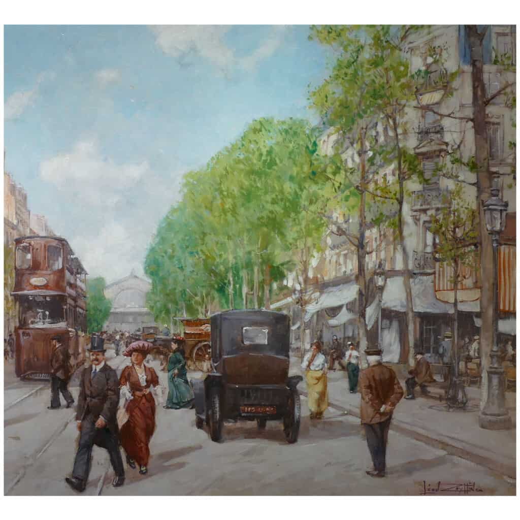 Leon ZEYTLINE Ecole Russe 20è siècle Vue de Paris Tramway, calèches et automobiles sur le Boulevard de Strasbourg Huile sur toile signée 14