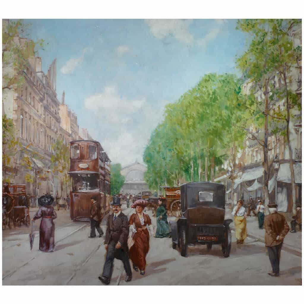 Leon ZEYTLINE Ecole Russe 20è siècle Vue de Paris Tramway, calèches et automobiles sur le Boulevard de Strasbourg Huile sur toile signée 10