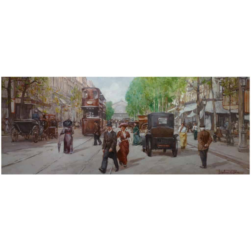 Leon ZEYTLINE Ecole Russe 20è siècle Vue de Paris Tramway, calèches et automobiles sur le Boulevard de Strasbourg Huile sur toile signée 9