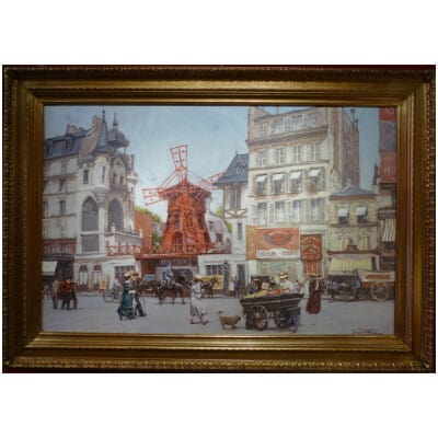 Leon ZEYTLINE Ecole Russe 20è siècle Vue de Paris Le moulin rouge Huile sur toile signée