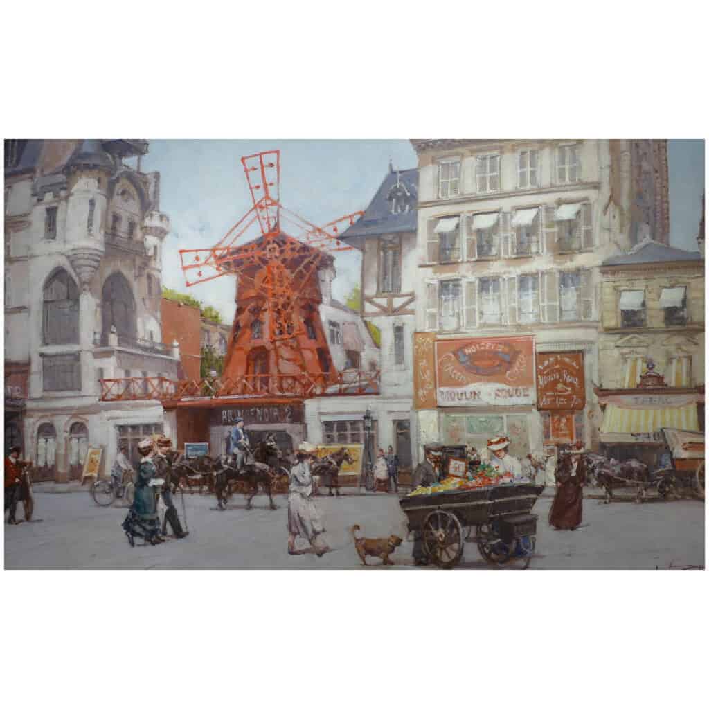 Leon ZEYTLINE Ecole Russe 20è siècle Vue de Paris Le moulin rouge Huile sur toile signée 16