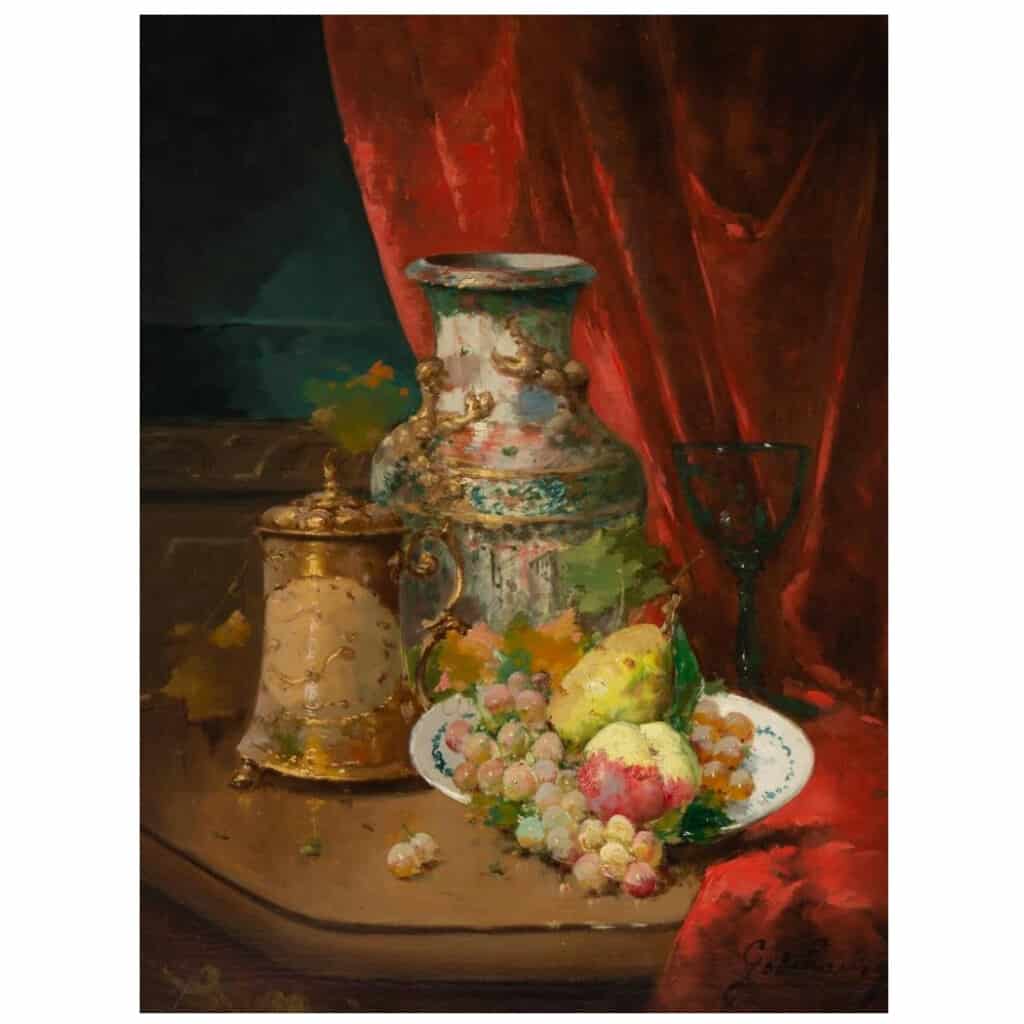 Emile Godchaux (1860 - 1938): Fruit plate with a Chinese vase. 4