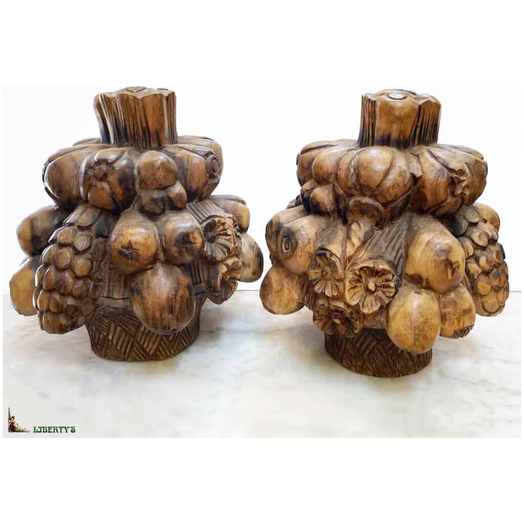 Pair of wooden sculptures "Grappe de fruits", High. 34 cm, Mid XXth 3