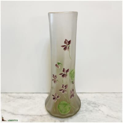 Glazed Frosted Glass Vase with Violets, Tall. 30.5cm (End XIXe)