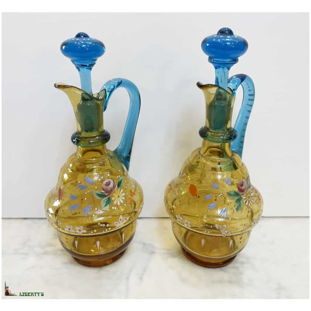 Pair of enamelled decanters by Legras, high. 23 cm, (Deb. XXth) 3