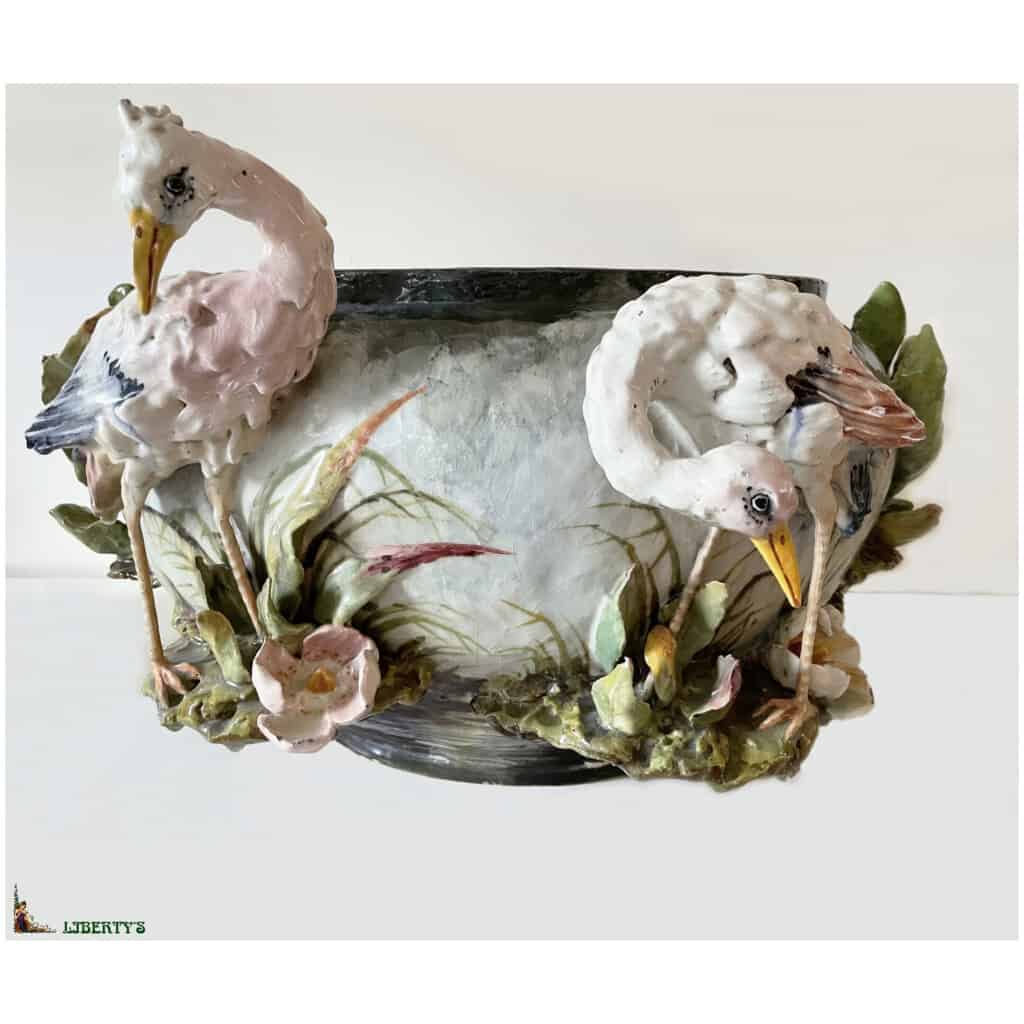 Barbotine garnish from Montigny sur Loing decorated with storks, planter 51 cm x 45 cm x high 31 cm and pair of high vases. 29 cm 4