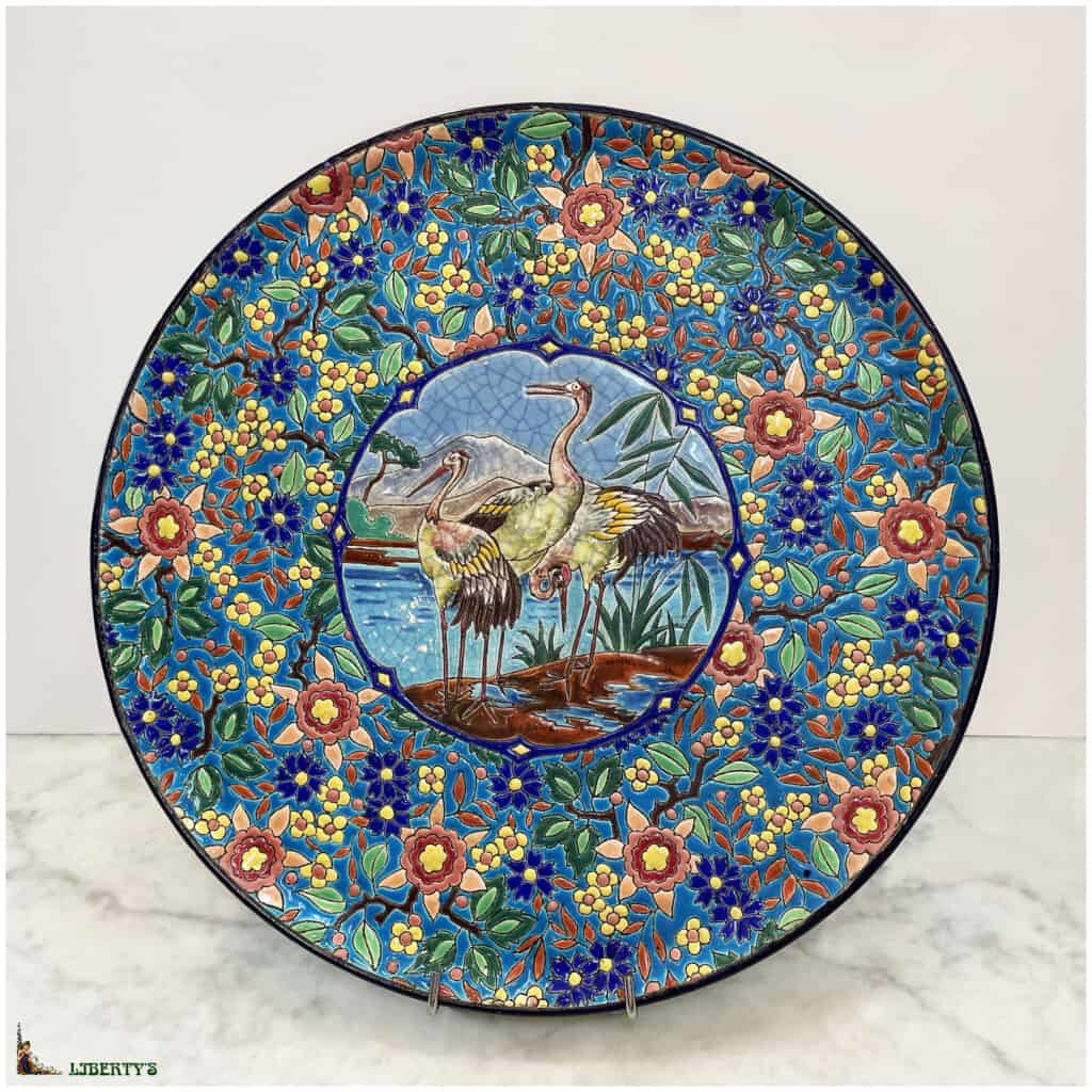 Dish with Emaux de Longwy cartel, decor of herons, diam. 36 cm (1930-1940) 3