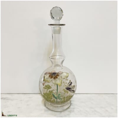 Enamelled glass carafe decorated with anemones, high. 23 cm (Deb. XXth)