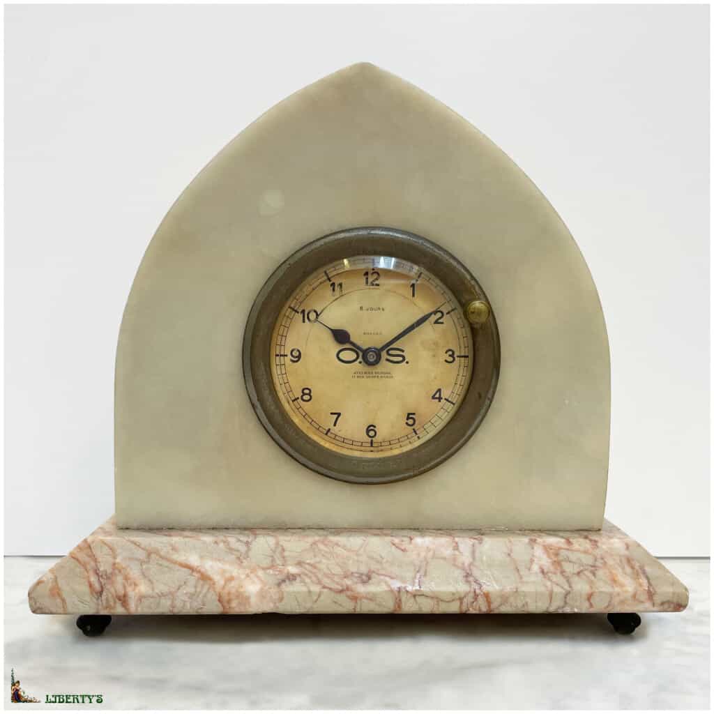 Pendule Art-Deco onyx et marbre Seignol Paris avec mouvement 8 jours, larg. 21 cm, Deb XXe 3