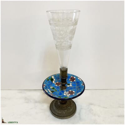 Emaux de Vieillard Bordeaux cornet vase with bronze mount and crystal bowl, high. 21cm (End XIXe)