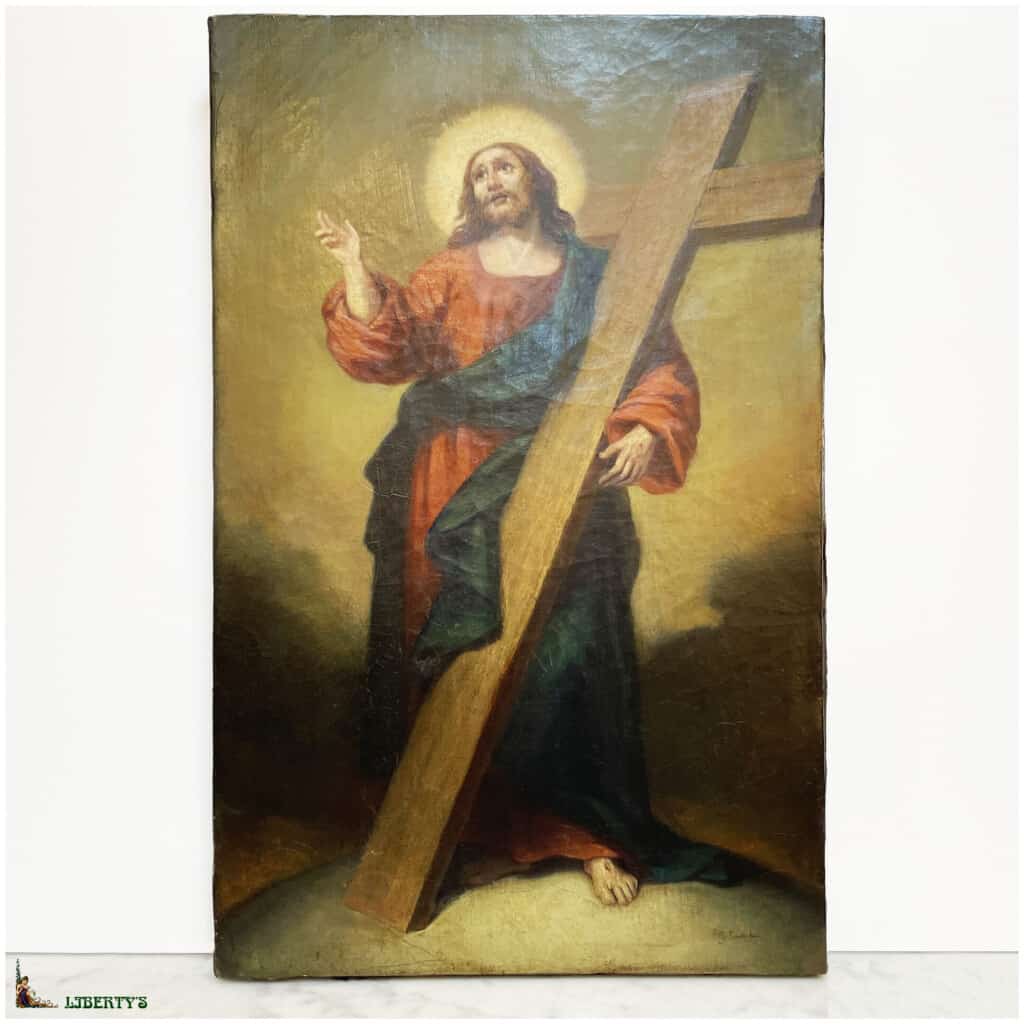 Peinture sur toile « Christ portant sa croix », 32 cm x 51 cm, XIXe 3