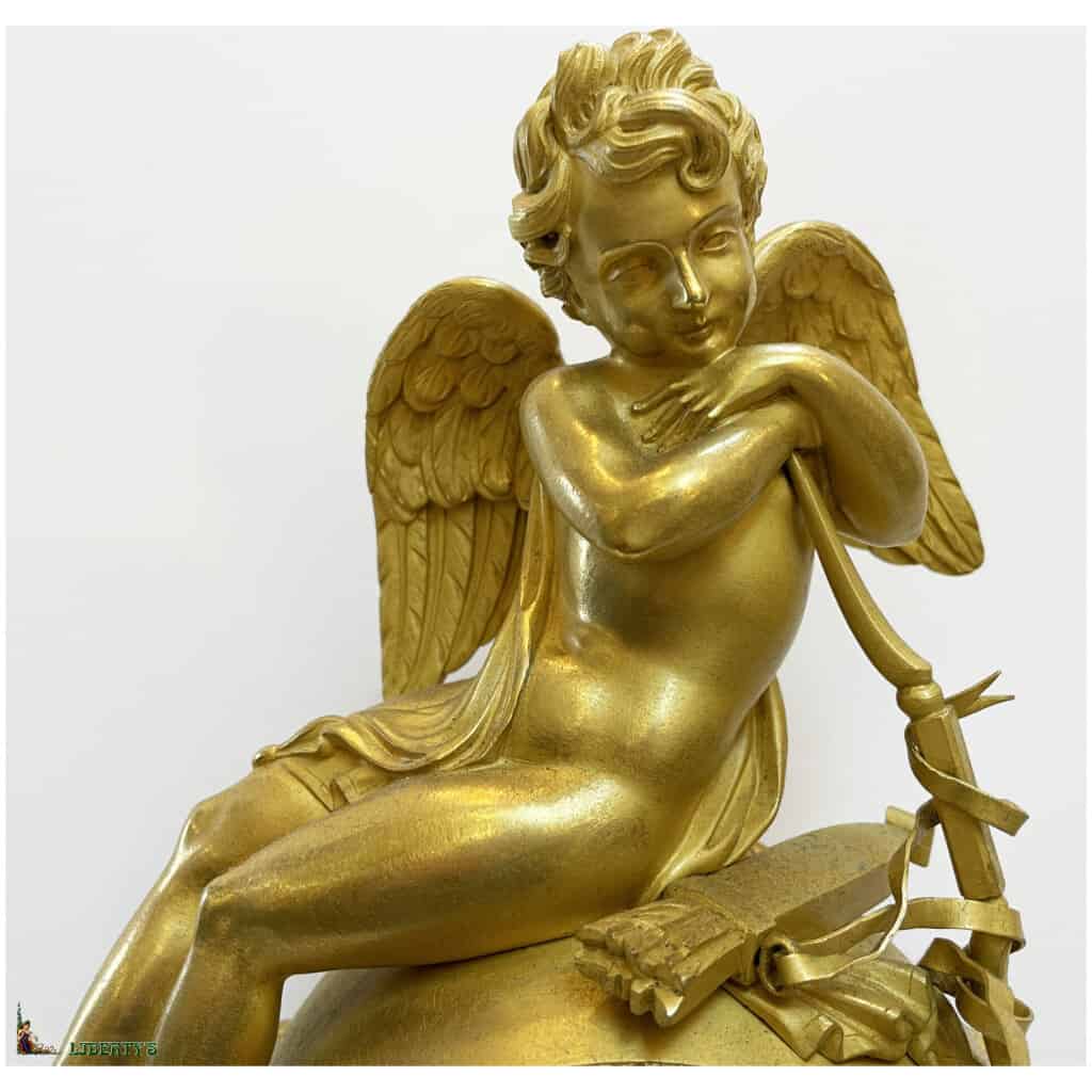 Pendule avec ange en bronze doré au mercure signée Cotiame à Paris, haut. 36 cm (Deb. XIXe) 4
