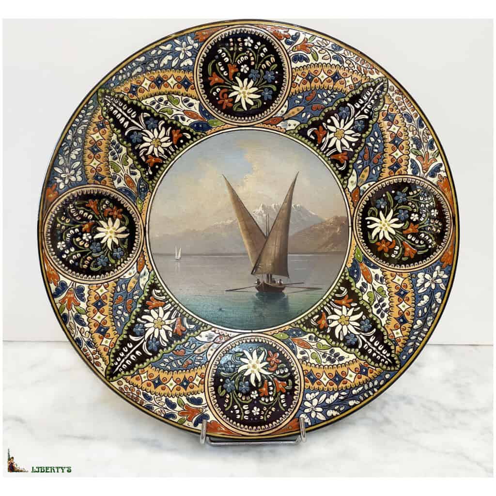 Plat avec paysage peint Emaux de Thoun « Lac Leman avec le pic du Midi », diam. 33.5 cm (Fin.XIXe) 3