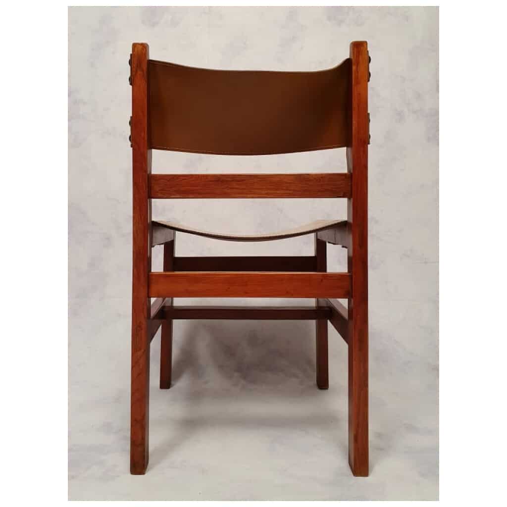 Suite De 4 Chaises Brutalistes – Orme & Cuir – Ca 1960 13