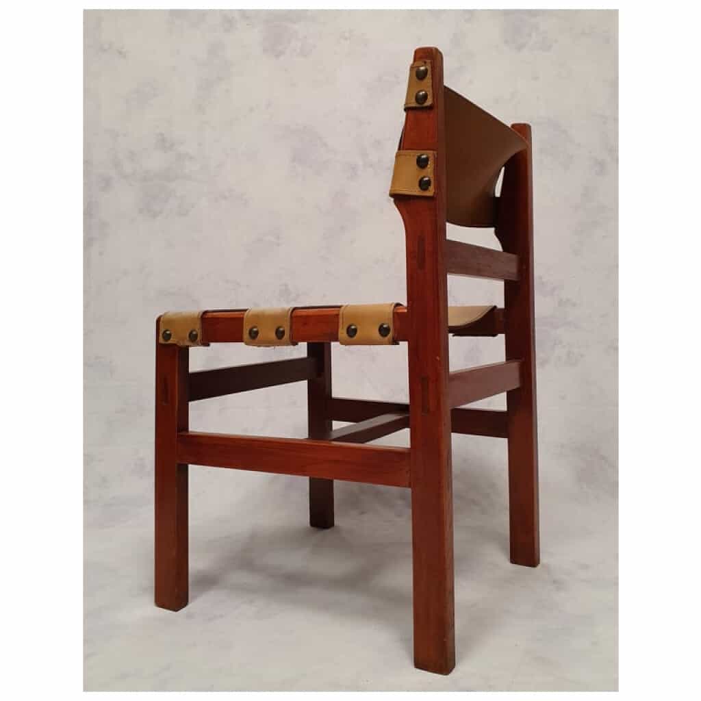 Suite De 4 Chaises Brutalistes – Orme & Cuir – Ca 1960 7