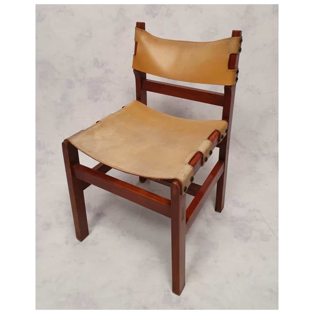 Suite De 4 Chaises Brutalistes – Orme & Cuir – Ca 1960 6