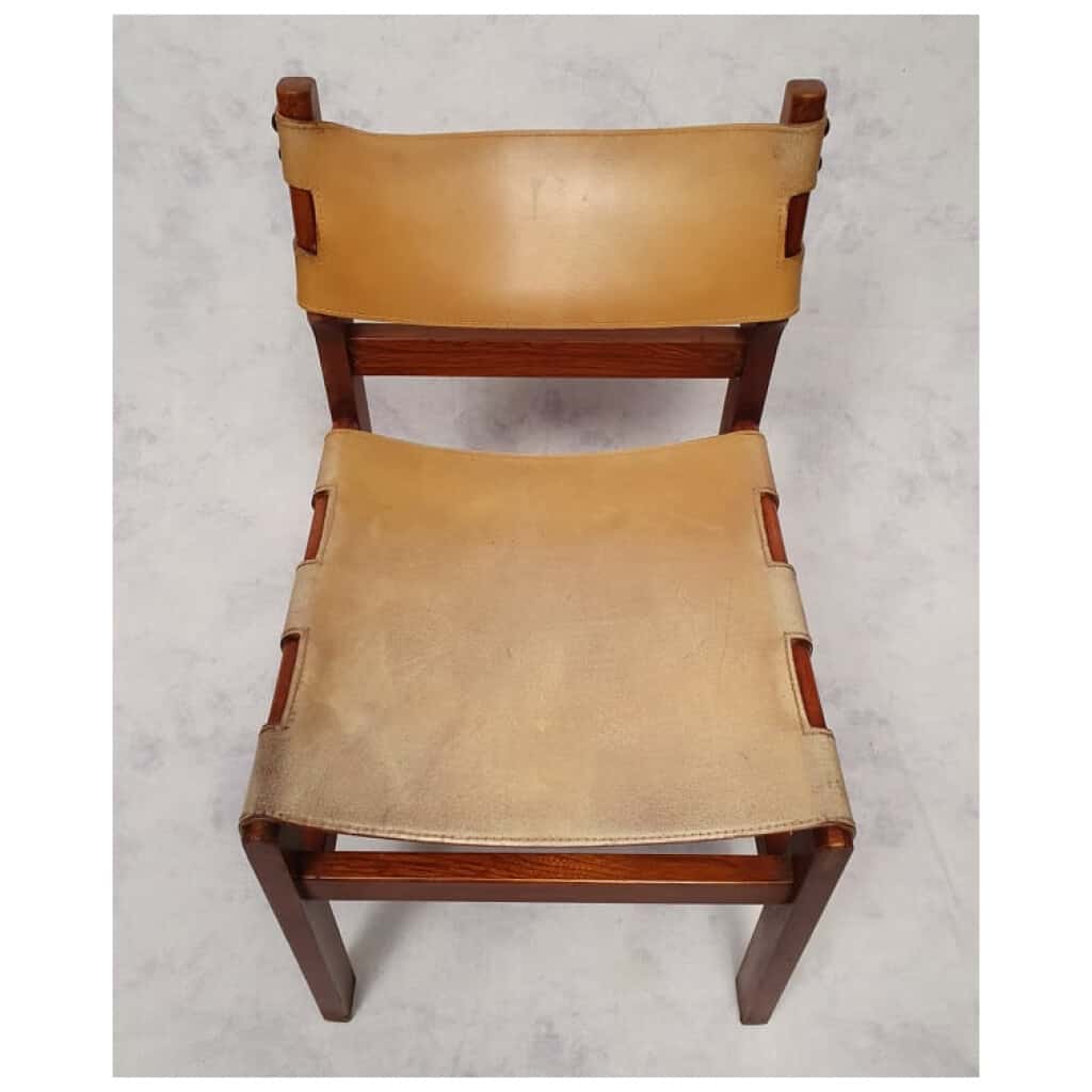 Suite De 4 Chaises Brutalistes – Orme & Cuir – Ca 1960 11