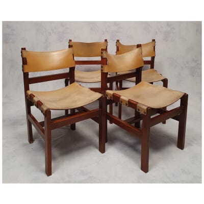 Suite Of 4 Brutalist Chairs - Elm & Leather - Ca 1960