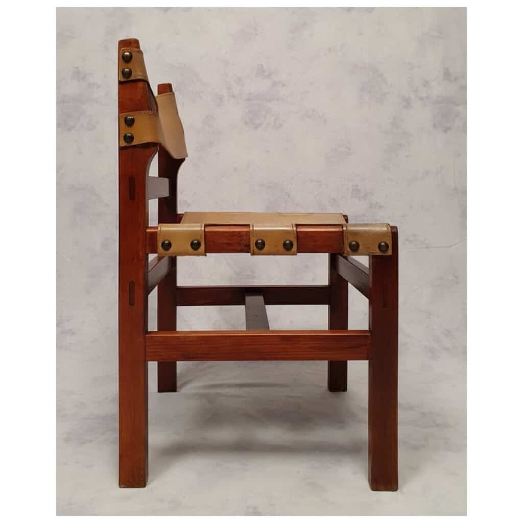 Suite De 4 Chaises Brutalistes – Orme & Cuir – Ca 1960 8