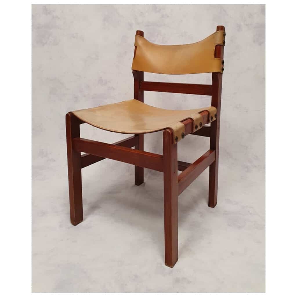 Suite De 4 Chaises Brutalistes – Orme & Cuir – Ca 1960 5