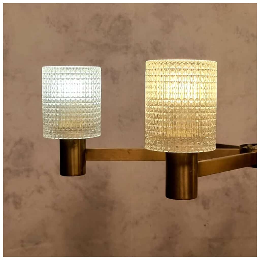 Lustre De Carl Fagerlund – Orrefors – 6 Bras De Lumière – Cristal & Laiton – Ca 1950 13