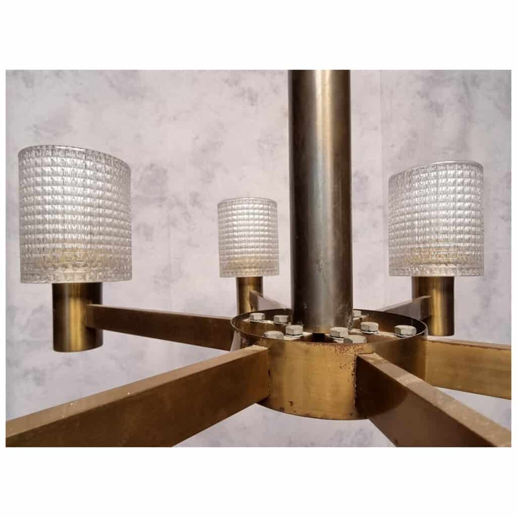 Lustre De Carl Fagerlund – Orrefors – 6 Bras De Lumière – Cristal & Laiton – Ca 1950 9