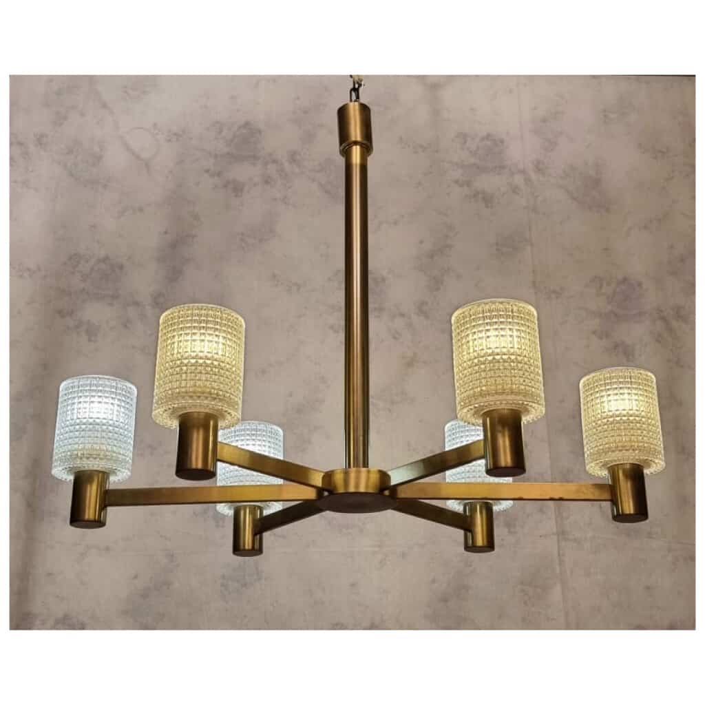 Lustre De Carl Fagerlund – Orrefors – 6 Bras De Lumière – Cristal & Laiton – Ca 1950 4