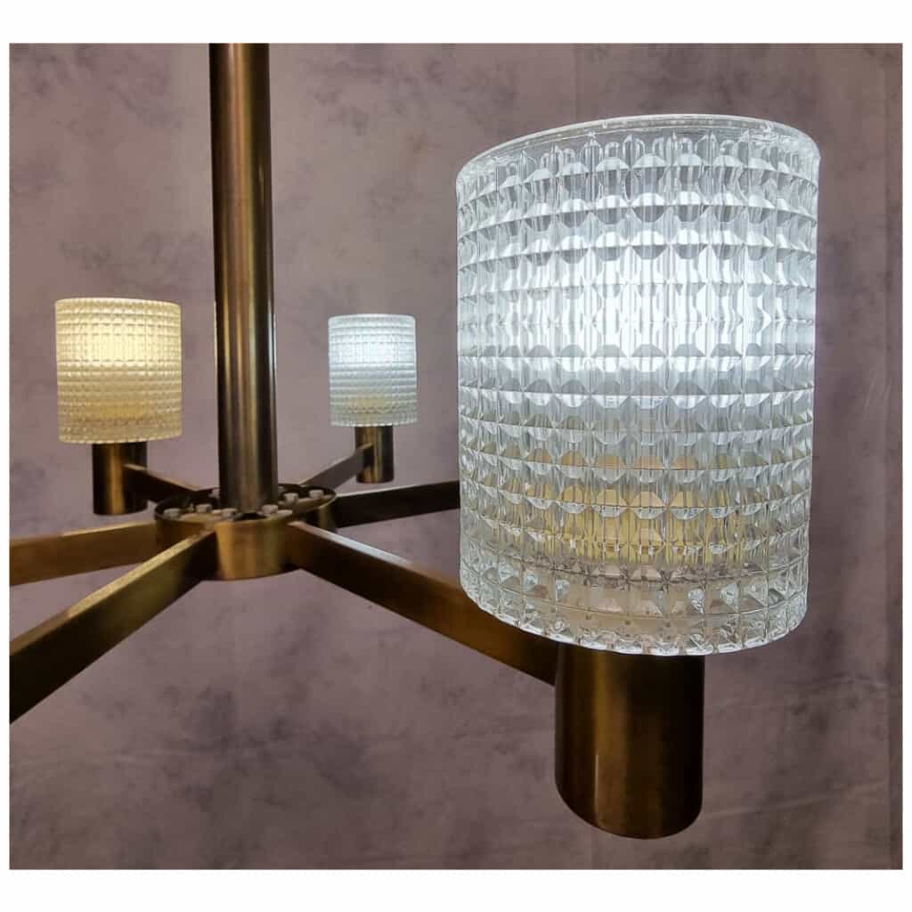 Lustre De Carl Fagerlund – Orrefors – 6 Bras De Lumière – Cristal & Laiton – Ca 1950 14