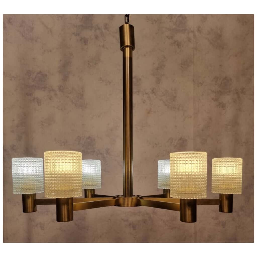 Lustre De Carl Fagerlund – Orrefors – 6 Bras De Lumière – Cristal & Laiton – Ca 1950 6