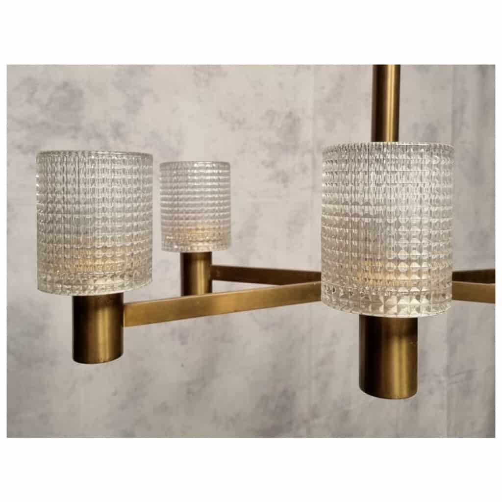 Lustre De Carl Fagerlund – Orrefors – 6 Bras De Lumière – Cristal & Laiton – Ca 1950 8