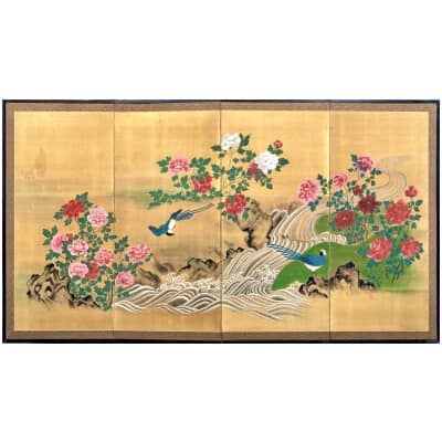 Japanese screen with 4 panels on silk
