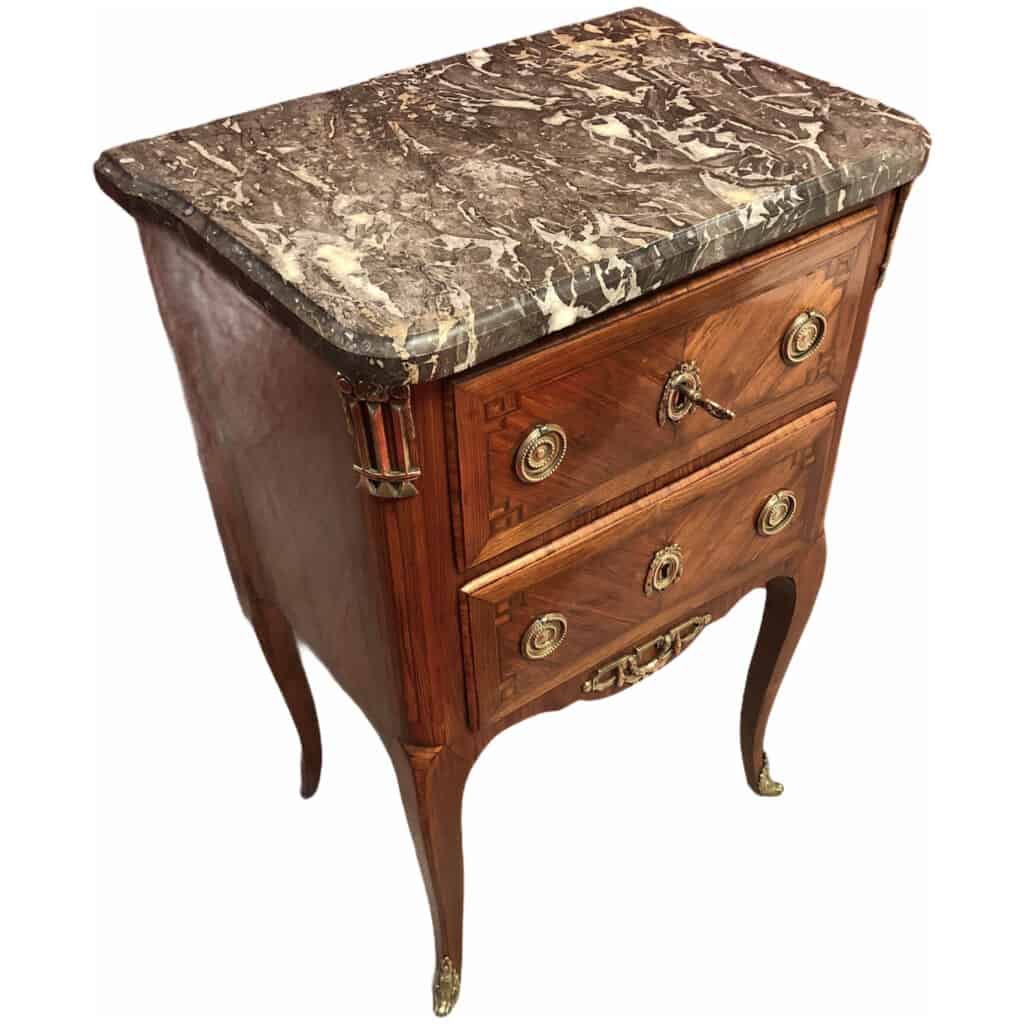 Commode d’époque Transition en marqueterie deux tiroirs 12