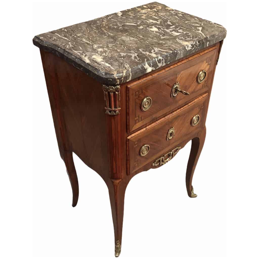 Commode d’époque Transition en marqueterie deux tiroirs 8