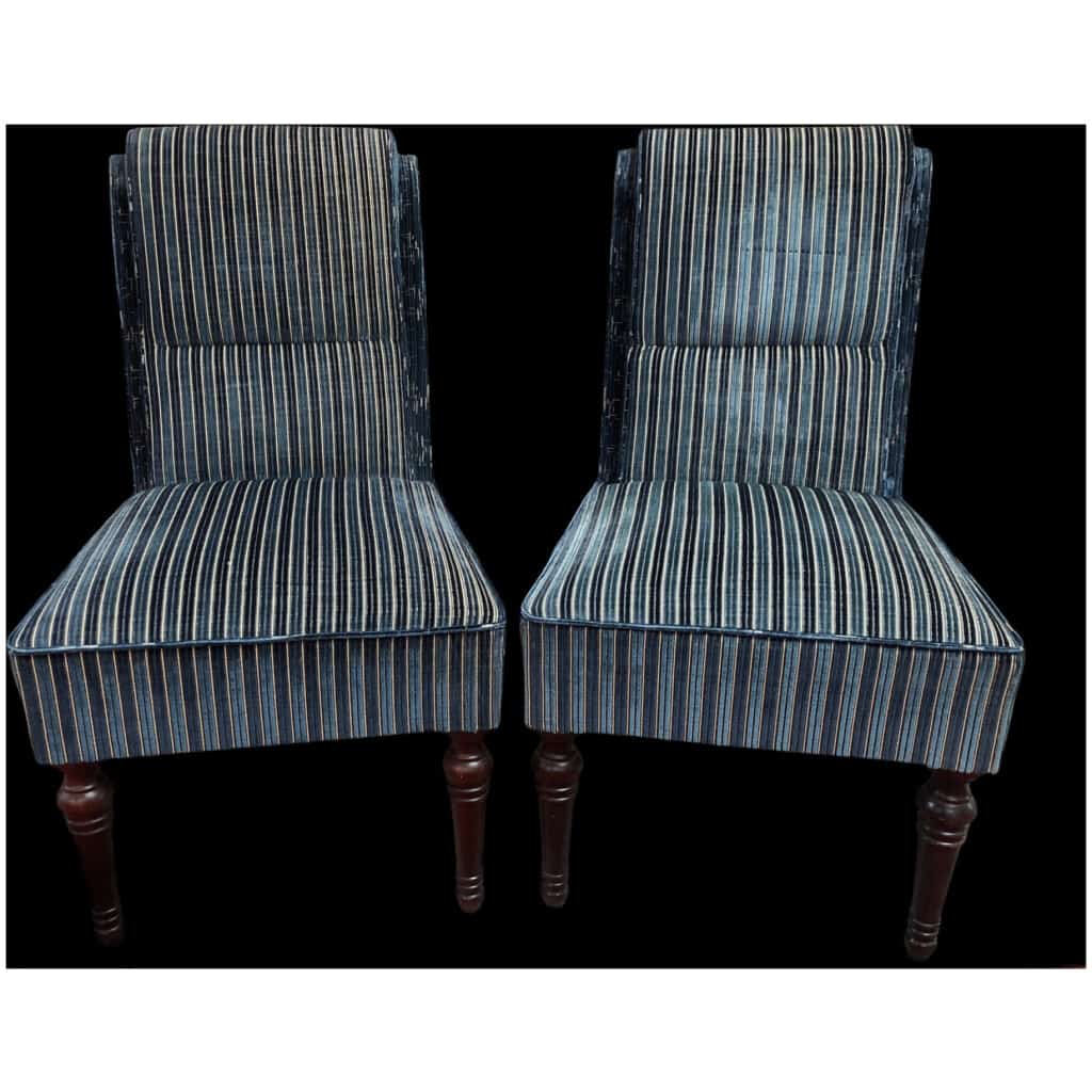 Paire de chaises à dossier crosse en velours rayé bleu 3