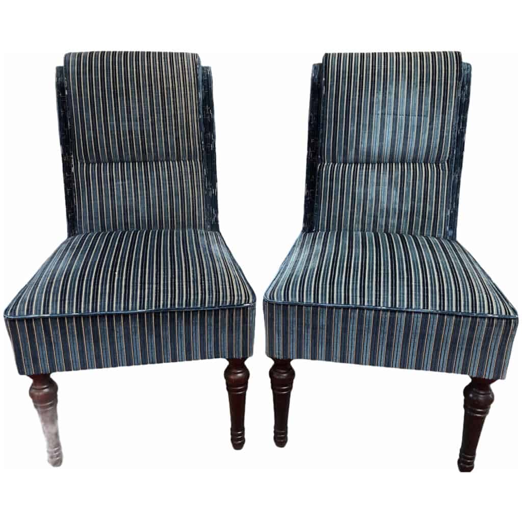 Paire de chaises à dossier crosse en velours rayé bleu 8