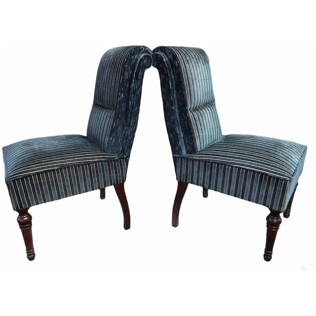 Paire de chaises à dossier crosse en velours rayé bleu 7