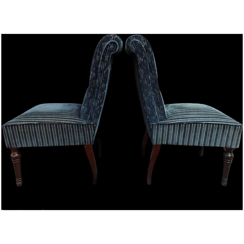 Paire de chaises à dossier crosse en velours rayé bleu 6